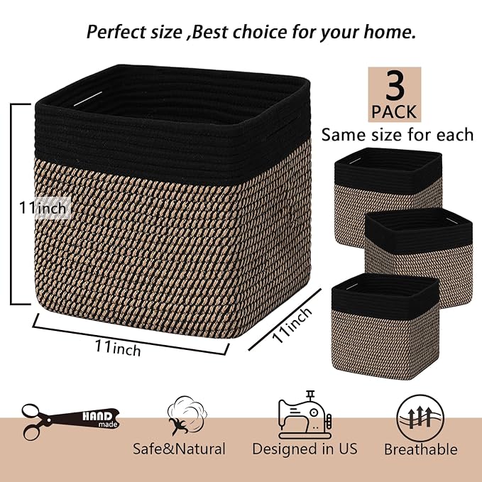 COMFY-HOMI 3PACK Cotton Rope Square Basket with Handles for Shelves|Dog Toy Bin and Storage|Baby Gift|Shoe Organizer|New 11" x 11" x 11" for Living Room