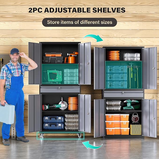 Metal Storage Cabinet with Doors and Shelves,Garage Storage Cabinets with Lock and Drawer,Metal Cabinet with Locking Doors,4 Door Steel Cabinet,71" Tall Lockable Cabinets for Garage,Home,Office