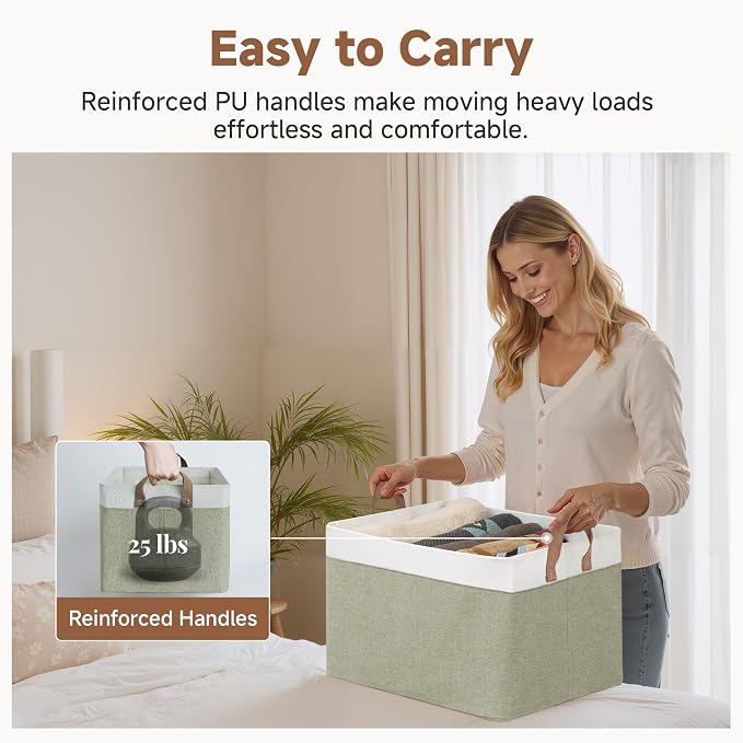 StorageWorks Closet Storage Bins, Green and White, Extra Large, 2-Pack | With Reinforced PU Handles, Metal Frame, Collapsible, Storage Basket for Shelves, Closet, Holds Clothes, Towels, Blankets