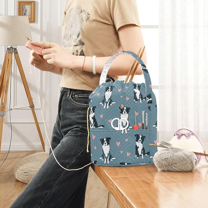 Fustylead Cute Border Collie Dog and Pink Hearts Crochet Drawstring Organizer, Large Yarn Bag Storage Tote Basket for Crocheting On The Go, Kit Holder, Gift for Knitter, Crochet Beginner