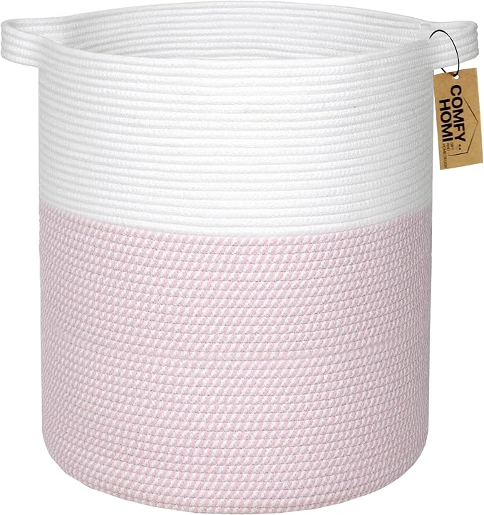COMFY-HOMI XXL Large Laundry Basket with Handles Blanket Baskets Living Room|Woven Cotton Rope Decorative Basket Laundry Hamper Baby Basket Nursery Dog Toy Storage Organizer Bin-16”x18”-White/Pink