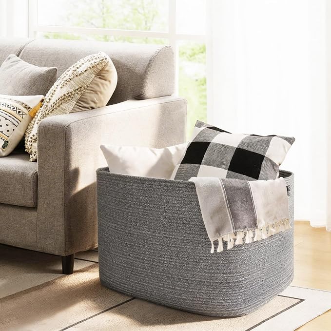 108L Large Storage Basket, 25"x16"x16" Blanket Storage for Living Room, Big Woven Rope Kids Dog Toy Bin Box, Nursery Baby Laundry Basket, Super Large Bin for Blankets, Shoes, Towels, Gray
