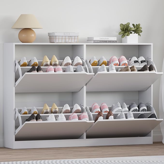 BORNOON Shoe Cabinet with 4 Flip Drawers, Narrow Hidden Shoe Storage Cabinet, Slim Freestanding Shoe Rack Organizer for Entryway, Hallway, Bedroom, Living Room