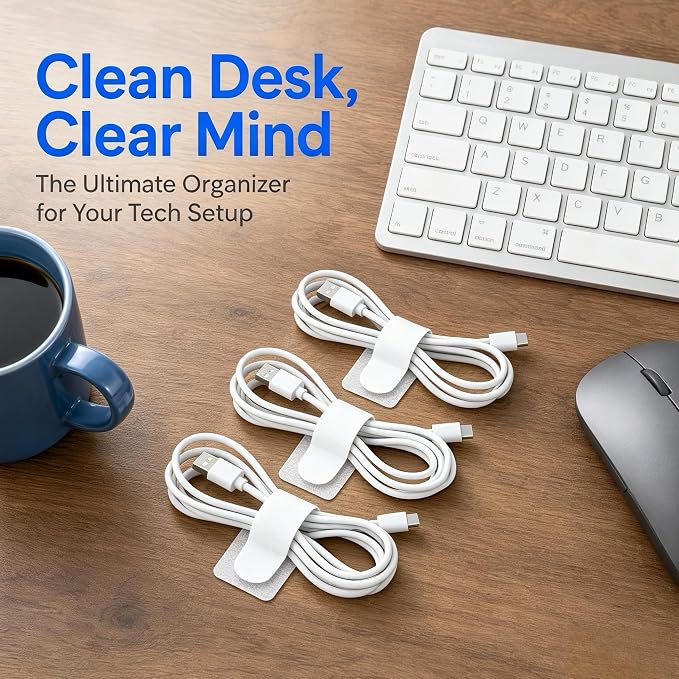 50 Pack Hook and Loop Cable Straps, Adhesive Cord Ties for Under Desk Cable Management, Reusable Cord Organizer for Computer Wire Management, Home Office, White