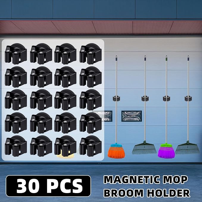 Vercraft 30 Pcs Magnetic Broom Holder Wall Mounted Anti Slip Rack,Black | Movable Magnetic Organizer for Mops Brooms, Dual Roller Grip, Wall Storage for Garage Kitchen Laundry Garden Tools