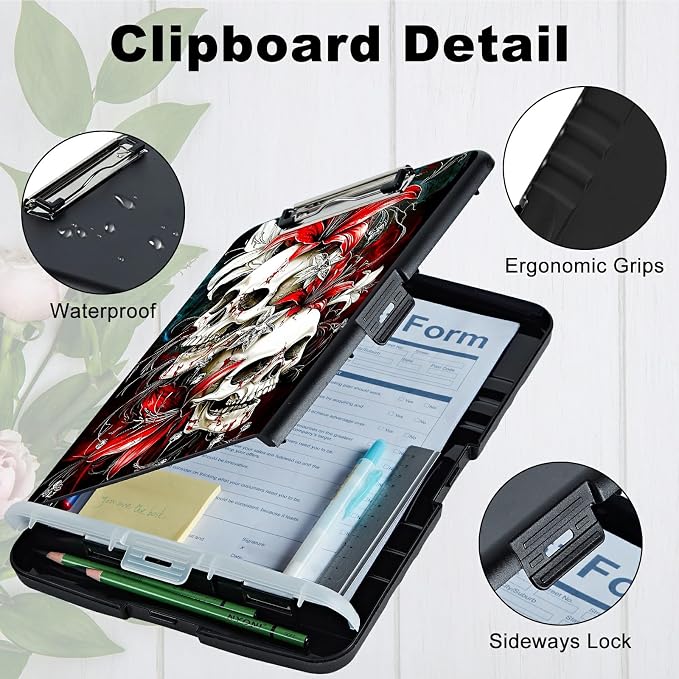 Red Lily Skull A4 Clipboard with Storage Pen Holder, Clipboards Organizer Nursing Clipboard Foldable File Folder Plastic Clipboard Folio Clip Board for Office Students Classroom Doctor