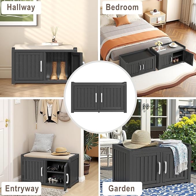 ROJIK Shoe Cabinet Storage Bench Indoor Outdoor, Waterproof UV-Resistant Resin Entryway Furniture with Adjustable Shelves for Hallway, Living Room and Bedroom (Double Door, Classic Black)