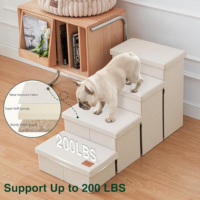 Love's cabin Dog Stairs for High Bed, Foldable Pet Stairs for Small Medium or Large Dogs Puppy with Storage for Bed or Couch, Cat Dog Steps Ramp with Zip up to 200 lbs, Beige, 4 Steps