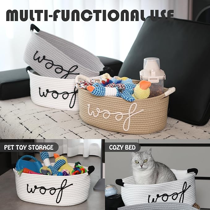 Sea Team Dog Toy Storage Basket with Handles, White Woof | Large Cotton Rope Storage Bin, Shelf Basket, Organizer for Pet Chew Toys, Foods, 16.5 x 11 x 7 Inches, 4.4 Gallons