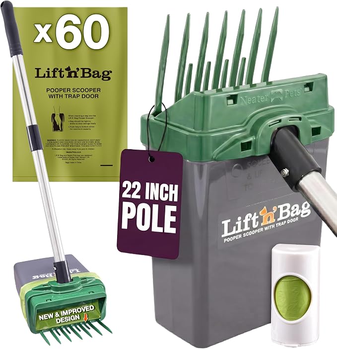 Neater Pet Brands Lift N’ Bag 2.0 Dog Pooper Scooper with Bag Attachment & 22" Pole for Small to Large Dogs, New & Improved Design, 60 Refill Bags, Heavy Duty Dog Poop Scooper for Yard, One-Hand Use