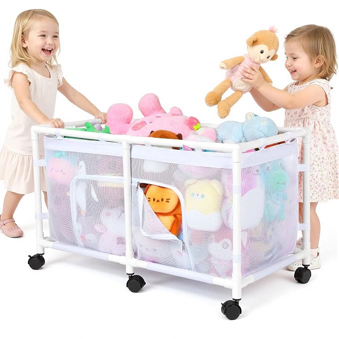 FIOBEE Toy Box for Girls Boys with See-Through Mesh & 360° Rotating Wheels | Kids Toy Chest Organizer, Stable Structure & Easy Install, Extra Large Storage Bin for Clothes, Ball, Pet Toys, Swimming Ring