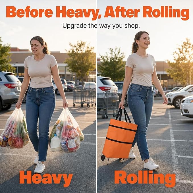 2-in-1 Foldable Shopping Cart - Rolling Utility Trolley | Groce | Wheeled Portable Design, Easy Fold Storage, Lightweight Sturdy Frame, Versatile Market Helper, Smooth Rolling Caster Wheels,