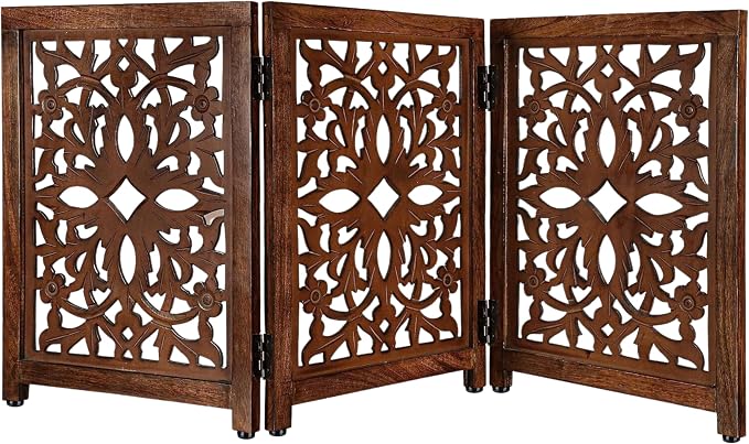 “Lightnpro Wooden Pet Gate – Decorative Carved Foldable Dog Fence, Extra-Wide Freestanding Indoor Safety Gate for Small Dogs – 24x54 Inch Natural Burnt Finish”