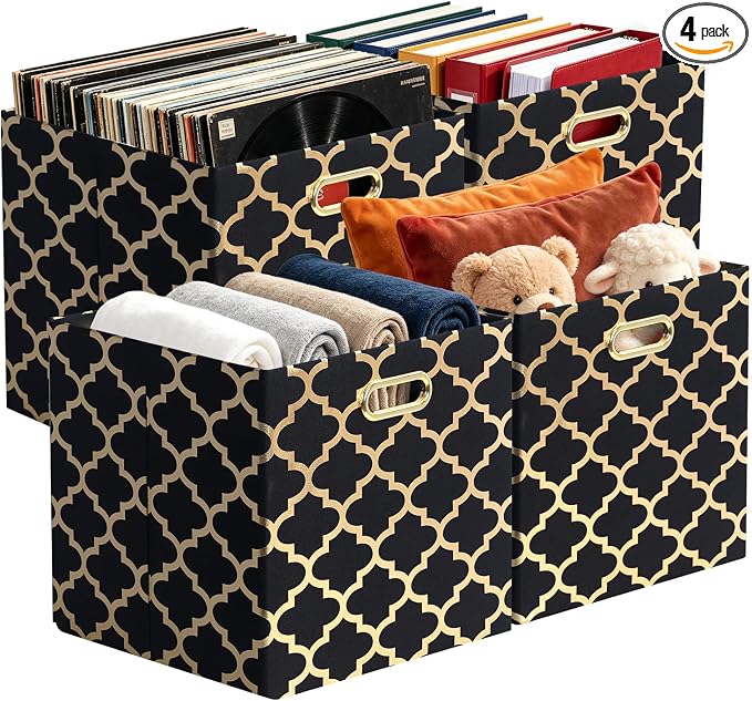 Posprica 13x13x13 Storage Cube Bins, Collapsible Storage Bins Fabric Storage Cubes Organizer Baskets Box Drawers for Shelves, Closet, Wardrobe, Bookshelf, Cabinet,(Set of 4, Black/Gold lantern)