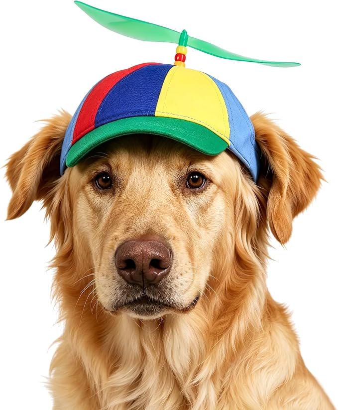 Pet Propeller Hat - Colorful Rainbow Helicopter Hat, Adjustable Cute Baseball Cap with Removable Propeller for Small Medium Dogs & Cats (Sizes S/L)