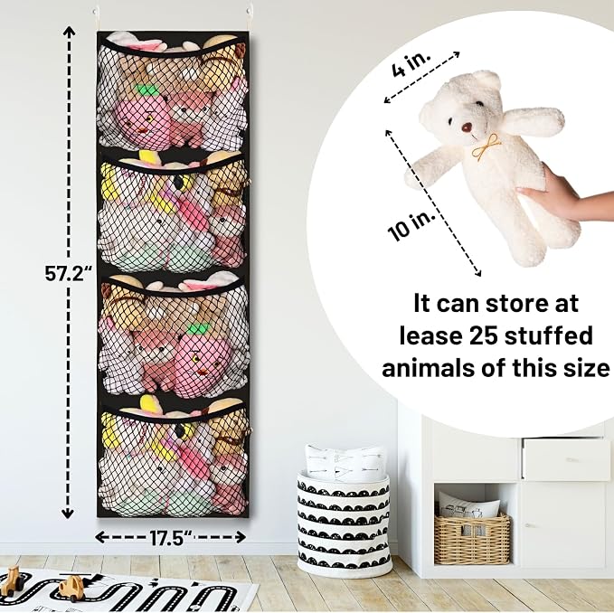 Over The Door Stuffed Animal Storage, Cotton Toy Organizer for Storage Plush Toys, Stuffed Animal Holder with 4 Large Pockets, Hanging Door Organizer for Nursery, Bedroom (Black)