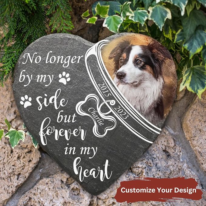 Wrappiness Pet Memorial Stone - Forever in My Heart, Personalized Dog Memorial Gifts, Remembrance Condolences Bereavement Gifts for Loss of Pet Custom Photo (Heart 05, Stone with Stand)