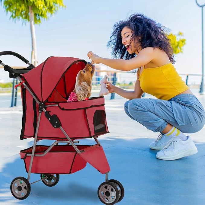 FDW Pet Stroller 3-Wheel Durable Foldable Cat Dog Stroller with Washable Liner Storage Basket Cup Holder,Red