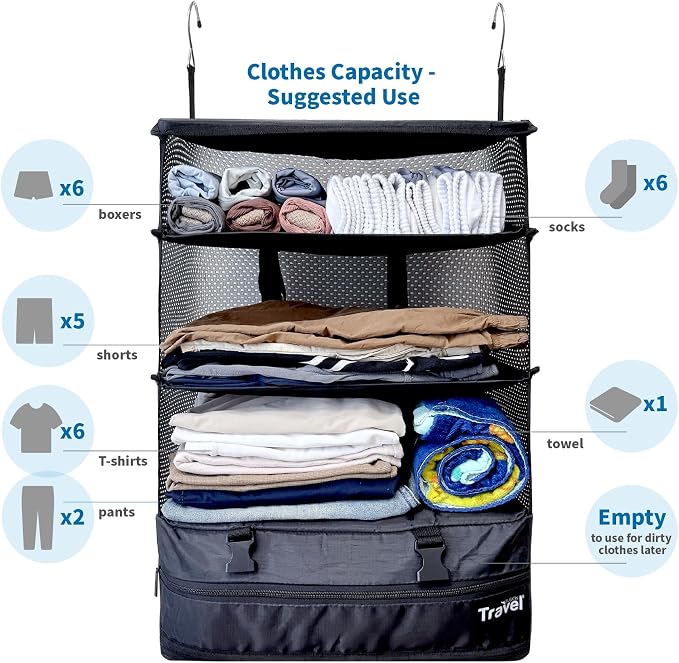 Stow-N-Go Hanging Travel Shelves, Packing Organizer for Luggage. Carry on Closet for Suitcase. Expandable Packing Cube. Travel Essentials. (Black - XL, XL = (L) 17.7" x (W) 11.8")