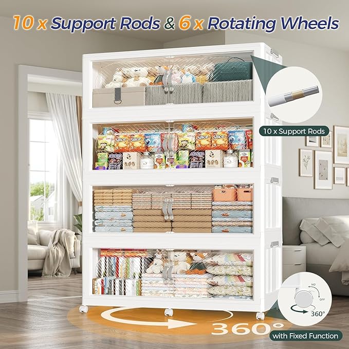 240GAL Plastic Storage Bins with Lid, 960QT Extra Large Stackable Closet Organizers and Storage, Collapsible Storage Boxes with Wheels, Folding Cabinet for Home Kitchen Office, 4Pack White