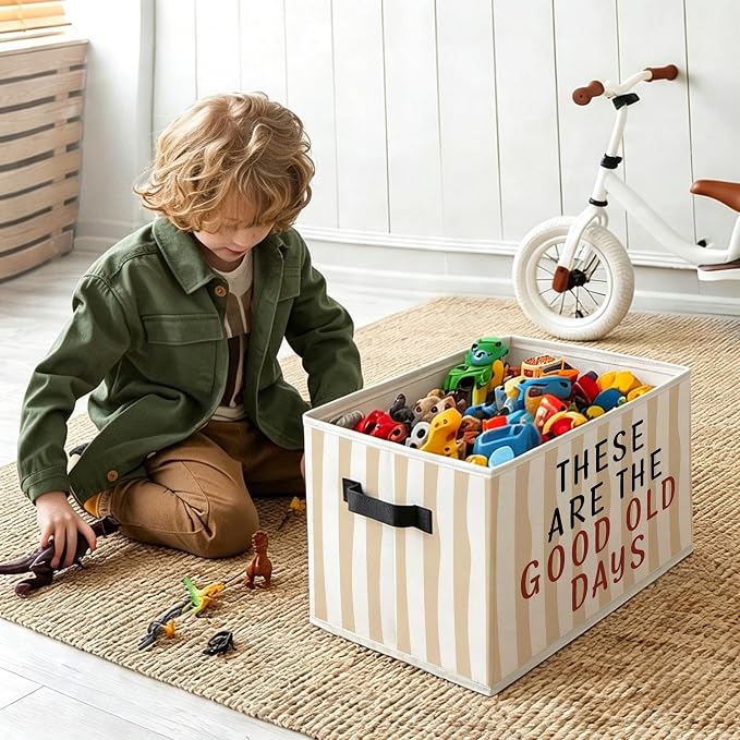 Inspirational Foldable Storage Bins Box with Handles, Motivational These Are the Good Old Days Neutral Striped Decorative Storage Boxes Baskets Toybox Organizer for Bedroom Bathroom