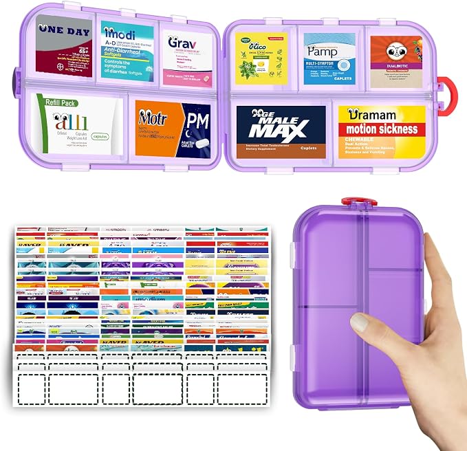 Pill Organizer Travel Medicine Case - Daily Pill Organizer with 144 Labels, Portable Travel Essentials for Medication