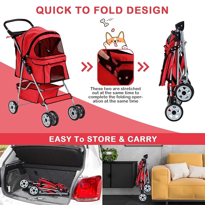 Pet Stroller,4 Wheels Dog Stroller with Storage Basket,Compact Portable Folding Carrier for Travel,Camping,Dog Carrier for Small Medium Dogs Or Cats,Lightweight Waterproof Pet Stroller,Red