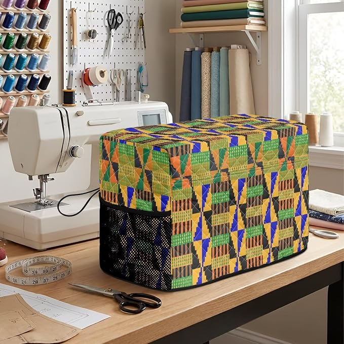 Sewing Machine Cover Polyester Febric African Kente Triangle Print | Dust Pet Hair Protection,Quilting Design,Fits Standard Singer,Brother Janome Machines,Protecting Decorating Your Sewing Space