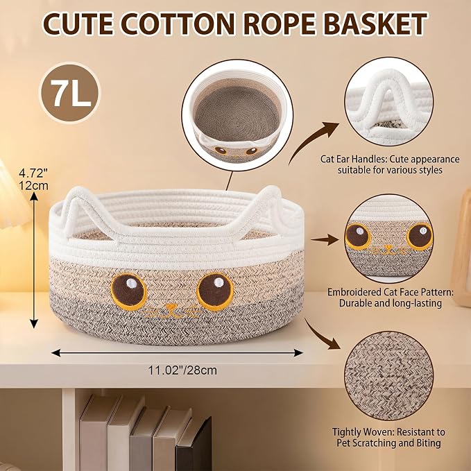 Small Cotton Rope Storage Basket,Round Cat Toy Basket for Living Room,Brown | Cute Decorative Dog Toy Basket, Toy Bin for Baby, Pet, Gift Basket for Halloween, Baby Shower , 11"×11"×4.7"