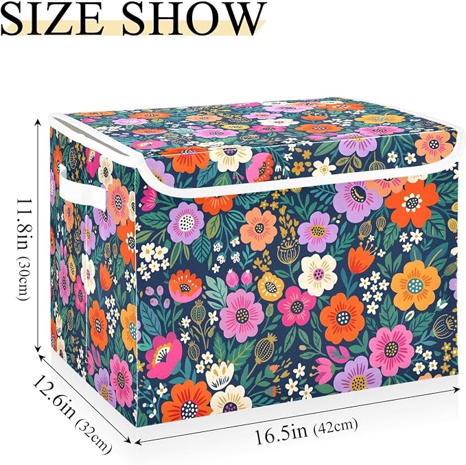 Tropical Flower Storage Bins with Lids Closet Bedroom 40L Fabric Bin | Decorative Storage Boxes, Foldable & Stackable, Dust-Proof Flip Top, Reinforced Handles, For Home & Dorm, Clothes & Toy Box