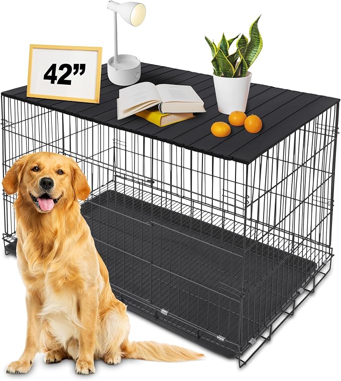Dog Crate Topper Metal with Magnets for 42 Inch Crate - Aluminum Foldable Dog Kennel Topper Decorative Storage Pet Crate Table Black (Only Topper)