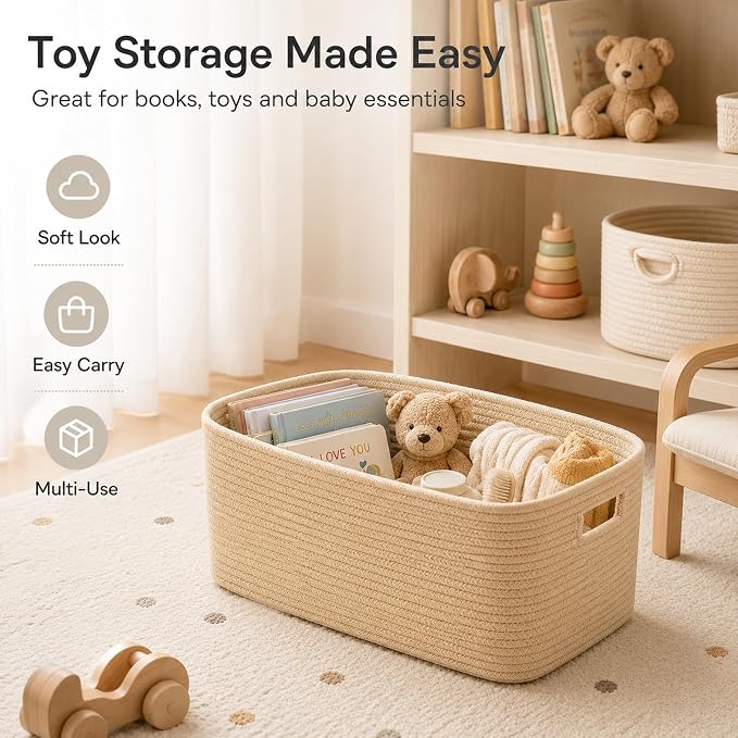 15.4GAL Woven Laundry Basket for Kids, Cute Boho Square storage basket for Living Room Decor, Baby Girls Boys Toys Stuffed Animal Decorative Short Hamper for Dirty Clothes, Bath Towel Oatmeal