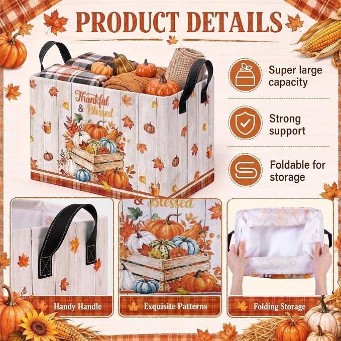 4 Pcs Fall Storage Basket for Gifts Empty Large Fall Pumpkin Storage Bins with Handles 15 x 10 x 8 Fabric Laundry Baskets Autumn Harvest Collapsible Organizer Boxes for Home Clothes Toys Books