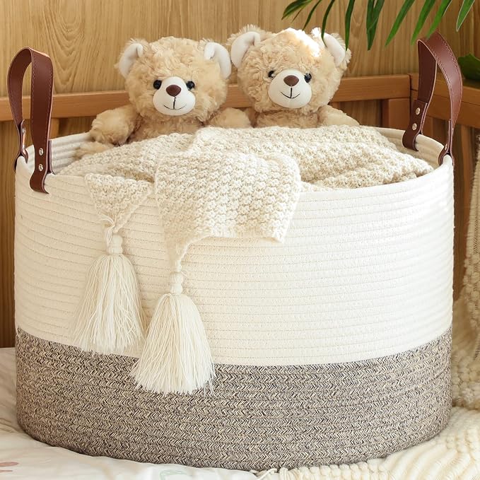 KAKAMAY Large Blanket Basket (20"x13"),Woven Baskets for storage Baby Laundry Hamper,Cotton Rope Blanket Basket for Living Room, Laundry, Nursery, Pillows, Baby Toy chest (White/Beige) | Extra Large Capacity | Natural Cotton Rope | Blanket Storage | Wo...