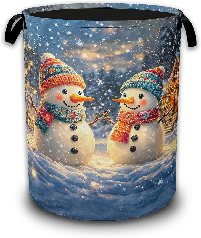 Cute Snowman Laundry Basket,Christmas Laundry Hamper Waterproof Oxford Cloth Tote Bag,Clothes Storage Bucket Decorative Toy Organizer for Bathroom Bedroom 16" x 20.8"