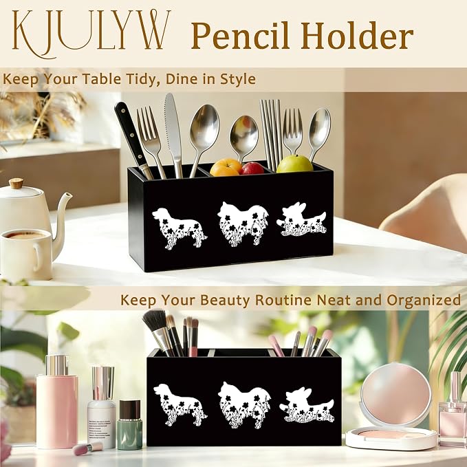 Dog Pen Holder for Desk, Pet Lover Owner Gifts, Black and White Floral Dog Wooden Box Pencil Pen Holder Organizer for Home Office Desk Accessories