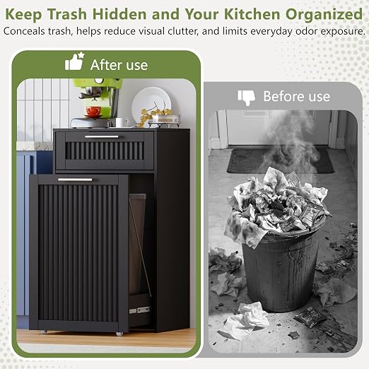 Single 13 Gallon Pull Out Trash Can Cabinet with Drawer, Garbage Cabinet | Pet Proof Hidden Trash Storage, Fluted Farmhouse Design, Space-Saving Kitchen Organizer, Dining Room Storage,Black