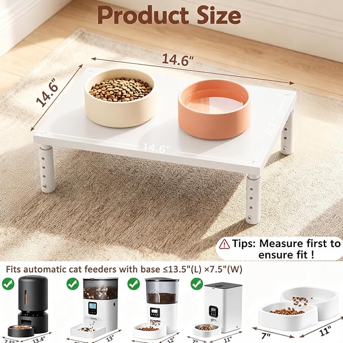 OPNICE Adjustable Cat Food Stand, Elevated Cat Feeder Stand with 4 Height Settings, Automatic Cat Feeder & Tradition Bowls, Raised Pet Feeding Table Station for Cats & Small Dogs, White Wood