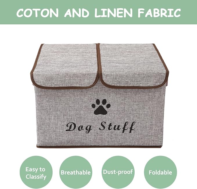 Large Storage Boxes - Linen Fabric Foldable Cubes Bin Containers With Lid and Handles for Dog Apparel, Accessories, Coats, Toys, and Clothing (Grey)