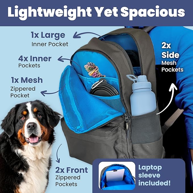Dog Travel Backpack for Supplies - Dog Diaper Bag with Travel Bowls | 2 BPA-Free Bowls; Food Container & Treat Pouch; Placemat; Laptop Sleeve; Poop Bag Dispenser, Hiking, Camping & Road Trips,