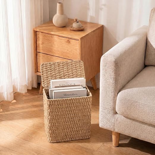 Wicker Trash Can,3 Gallon Bathroom Trash Can with Lid,Handwoven Paper Rope Rattan Waste Basket with Removable Liner and Built-in Handles for Bedroom,Toilet,Narrow Spaces,Natural