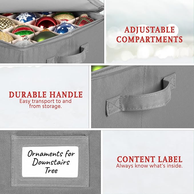 HOLDN’ STORAGE Christmas Ornament Storage Box - Christmas Decor Storage Containers that Store up to 64 – 3” x 3” Holiday Xmas Ornaments – Adjustable Compartment To Fit Many Sizes Ornaments – Grey.