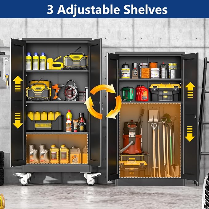 Ckzbx Metal Garage Storage Cabinet with Locking Doors and Adjustable Shelves,61" H Rolling Tool Storage with Wheels for Garage,Office (Black)