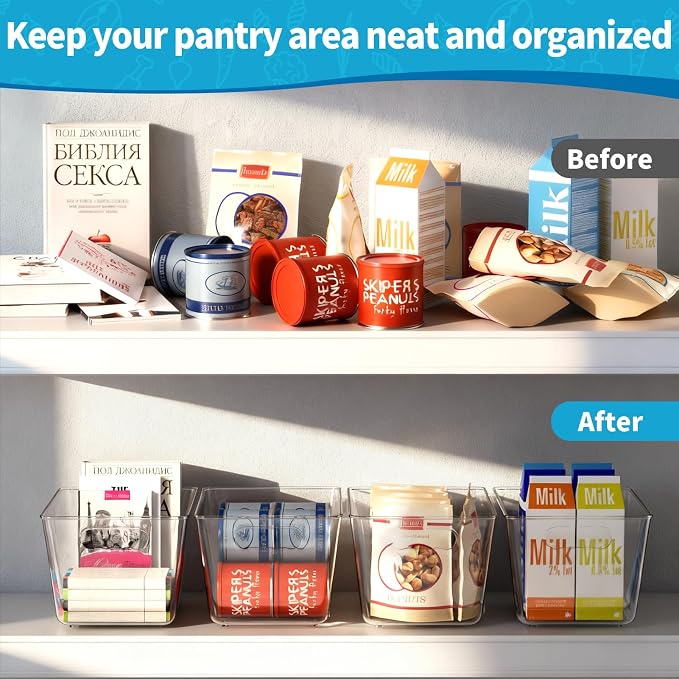 Clear Fridge Organizer Bins with Handles, 4 Pack Large 11.5×7.5×6 Inch | Clear pantry food storage bins with handles, ideal for kitchen, countertops, cabinets, fridge and freezer