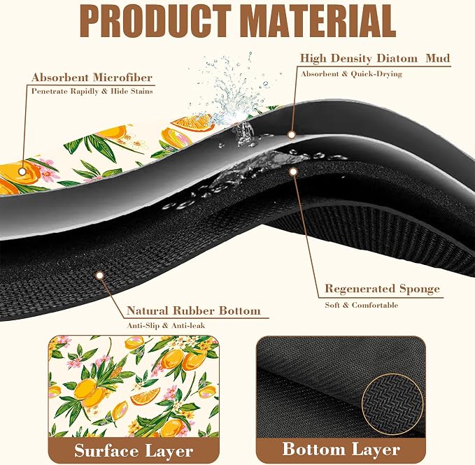 Dish Drying Mat Orange Fruit Floral Coffee Bar Mat for Countertop Absorbent Hide Stain Rubber Backed Dish Drainer Rack Pad Espresso Machine Dining Room Decoration 11.8 x 19.7 Inch