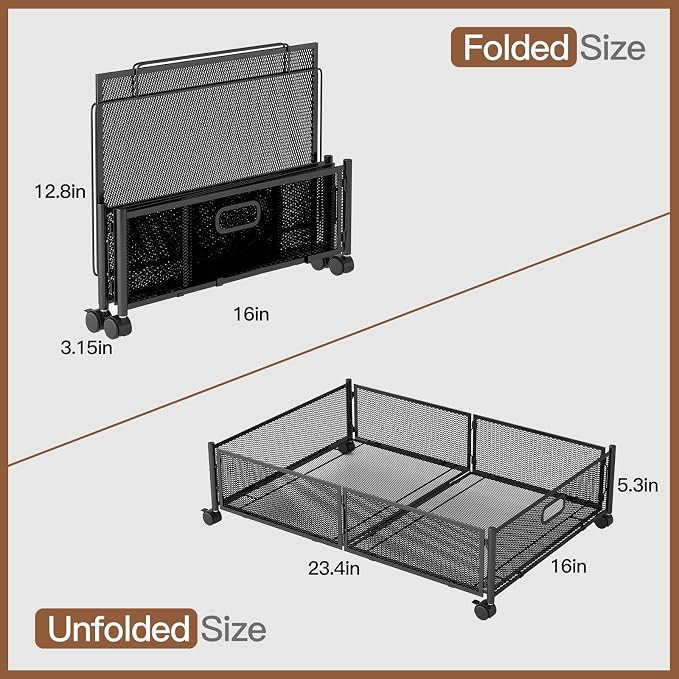 Gawerk Under Bed Storage with Wheels, Foldable Metal Mesh Underbed Storage Container Bins, Tool-free Assembly Clothes Drawer Organizer,2Pack