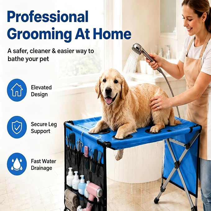 Foldable Pet Bathing Stand Holder Grooming Shower 8-Hole Wash Hammock,Washing Bed for Small Dogs and Cats Washing Picking Ears Nail Clipping,Stainless Steel Grooming Table with Stand，Ordinary-Pink