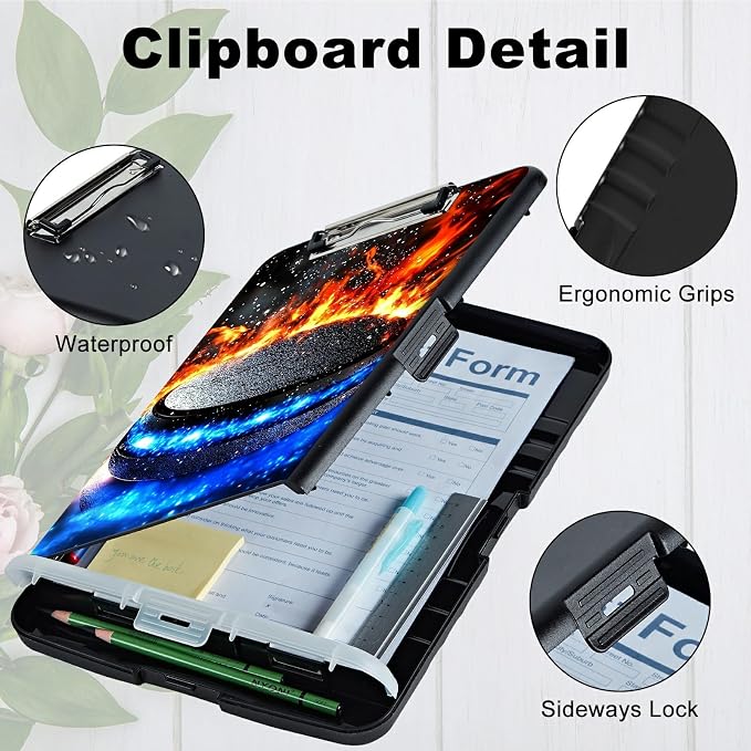 A4 Clipboard with Storage Pen Holder, Clipboards Organizer Nursing Clipboard Foldable File Folder Plastic Clipboard Folio Clip Board for Office Work Classroom Doctor, Blue Red Flames