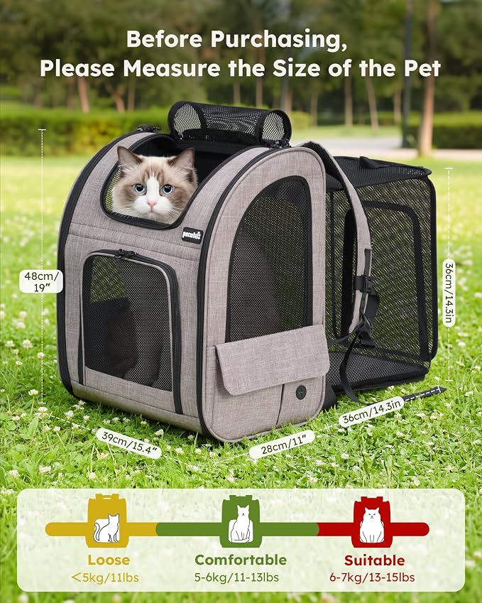 pecute Cat Backpack Expandable, Dog Carrier Backpack Breathable, Large | Durable Oxford Cloth, Lockable Zipper,Use for Pet Under 15 lbs to Travel