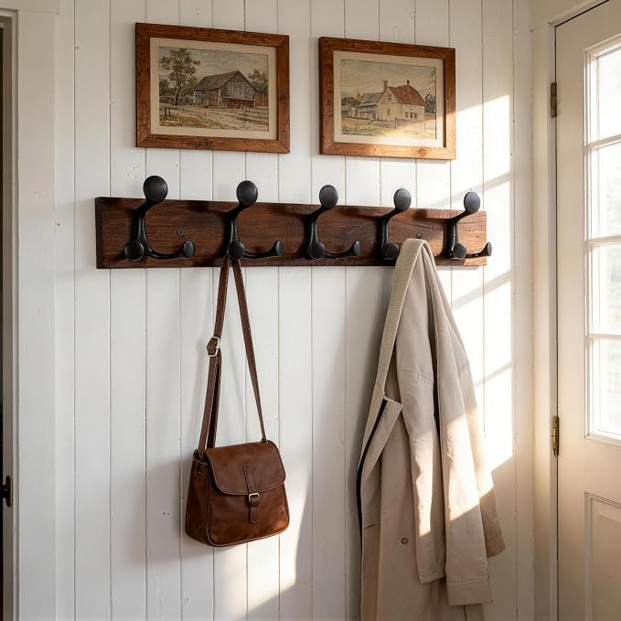SKOLOO 24-Inch Walnut Wood Coat Rack Wall Mount with 5 Triple Hooks - Ideal for Family Entrances, Classrooms, and Pet Supplies Storage - Perfect Coat Hooks for Wall